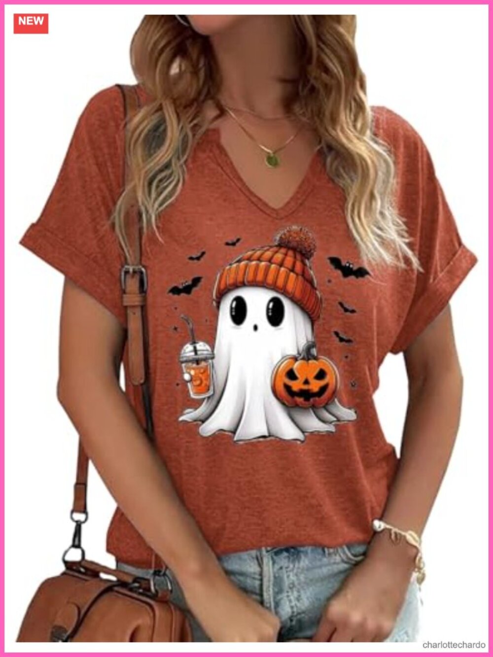 Women's Halloween Ghost Doodle V-Neck Short Sleeve T-Shirt Cotton Blend Fall